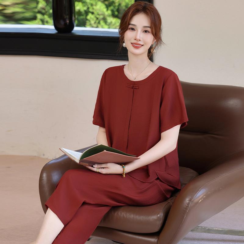 

Plus Size Summer Two-Piece Set for Mothers - Loose, Short Sleeve, National Style Fashion for Middle-Aged & Elderly Women 7XL (for 180-200 jin)
