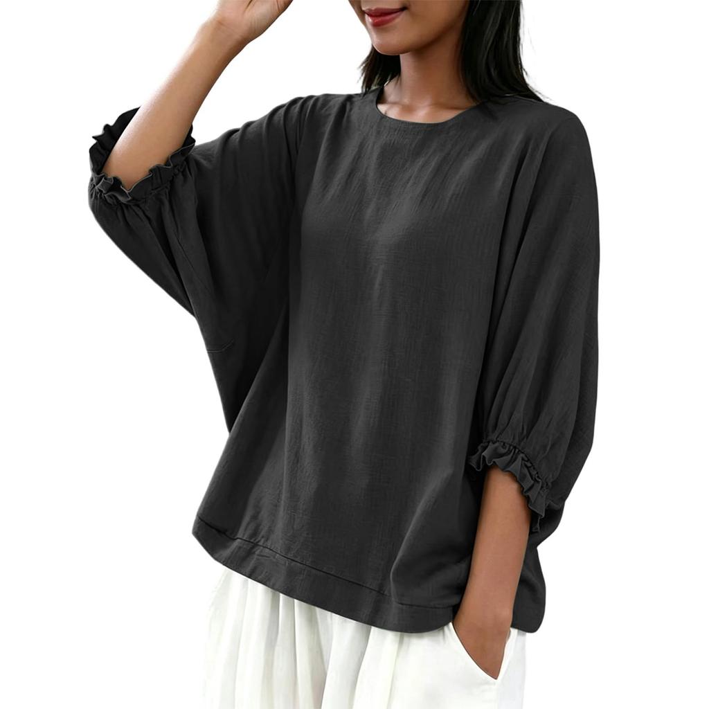 Damen Freizeit Bluse Lockere Passform Laternenärmel Rundhalsausschnitt Oberteil Leichter Bequemer Stoff Stilvolles Design für den Alltag