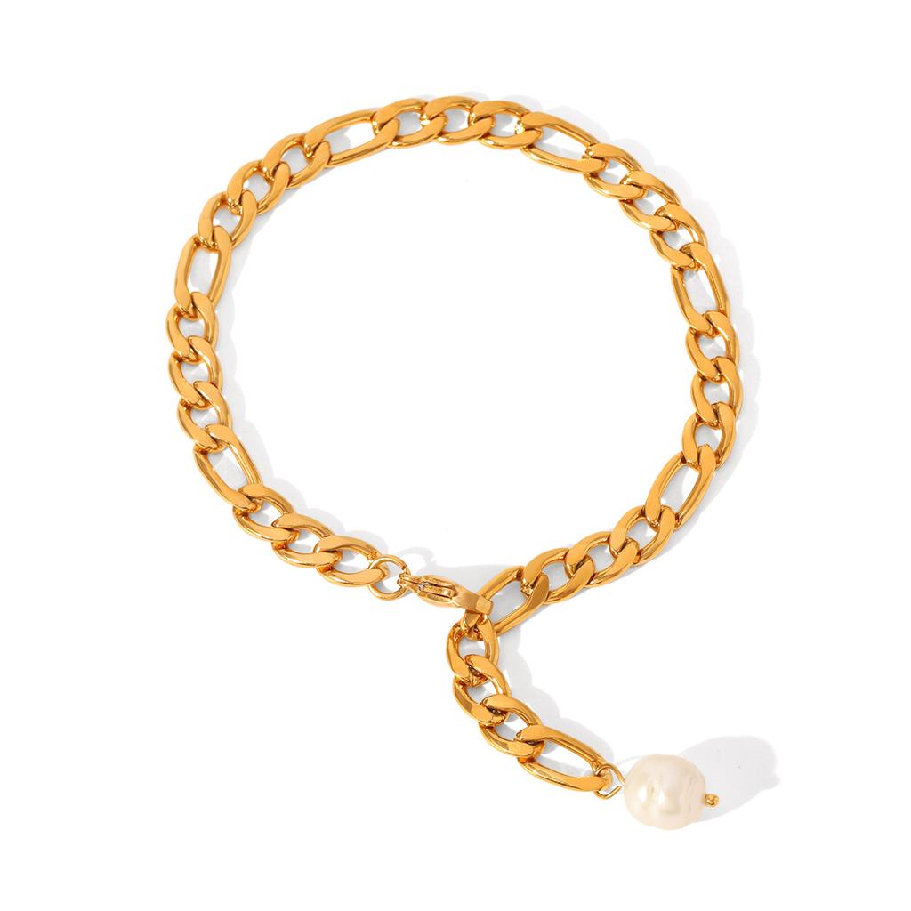 Euro-American Style 18K Gold Stainless Steel Figaro Chain Anklet with Freshwater Pearl Pendant, Titanium Steel Jewelry