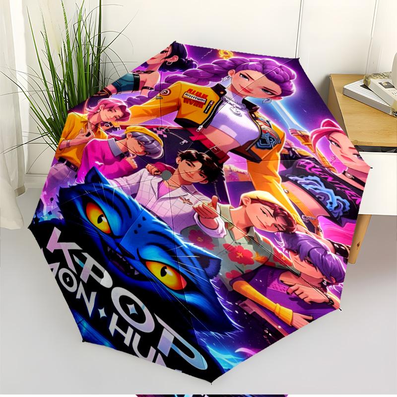 KPop Demon Hunters Print Automatic Open Close Umbrella, Portable Foldable Umbrella, for Outdoor Commute Camping Trip, Ideal Birthday Gift