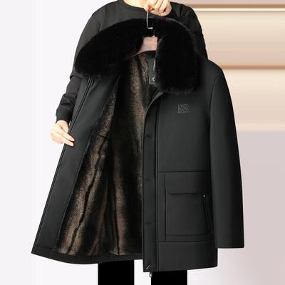 Manteau d'hiver mi-long pour homme, épais en duvet, avec col en fourrure - Vêtement d'extérieur élégant en coton pour les papas d'âge moyen et âgés