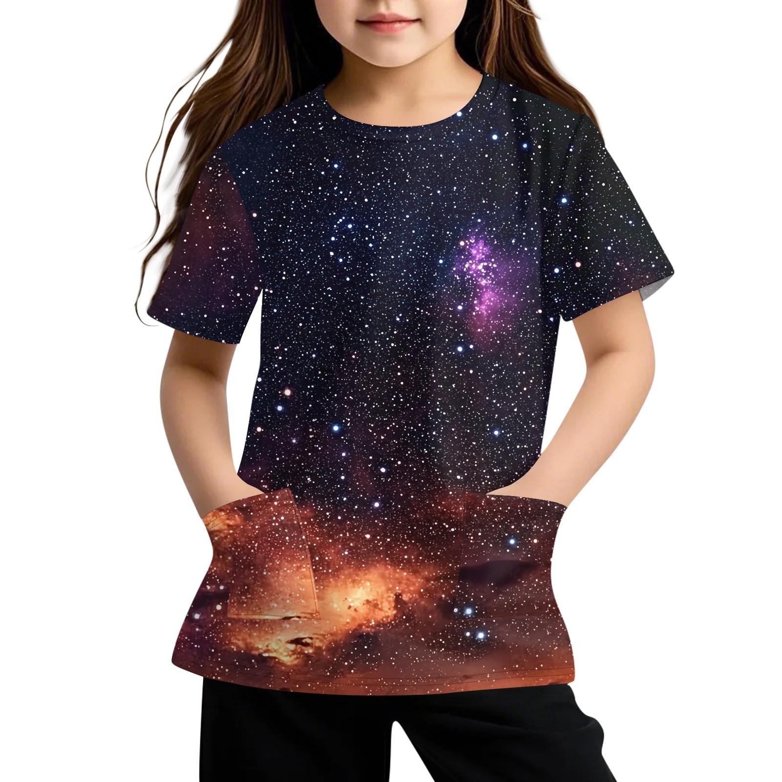 

Детская футболка с короткими рукавами и карманами, повседневная футболка с принтом, круглый вырез, блузка-пуловер 130