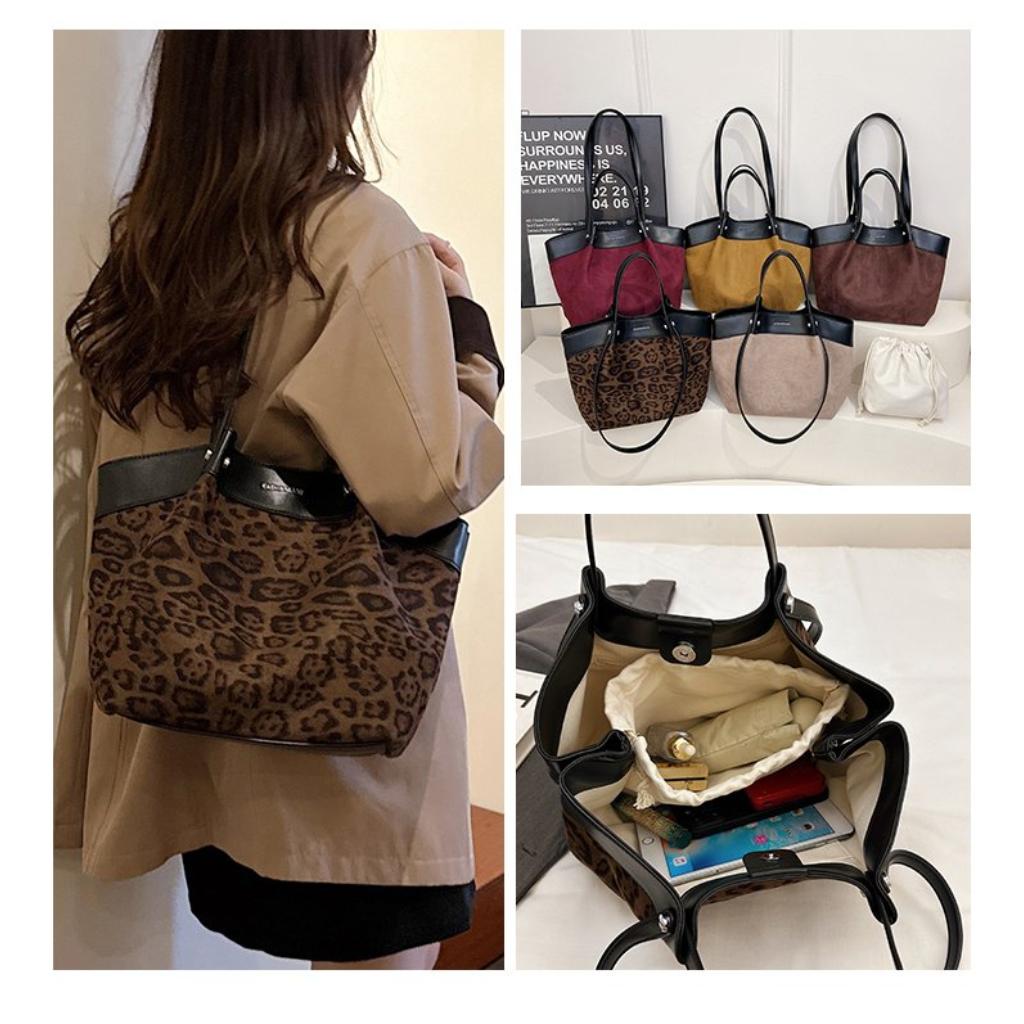 Tote Bag Women Velvet Leopard Print Large Capacity Office Daily Use
