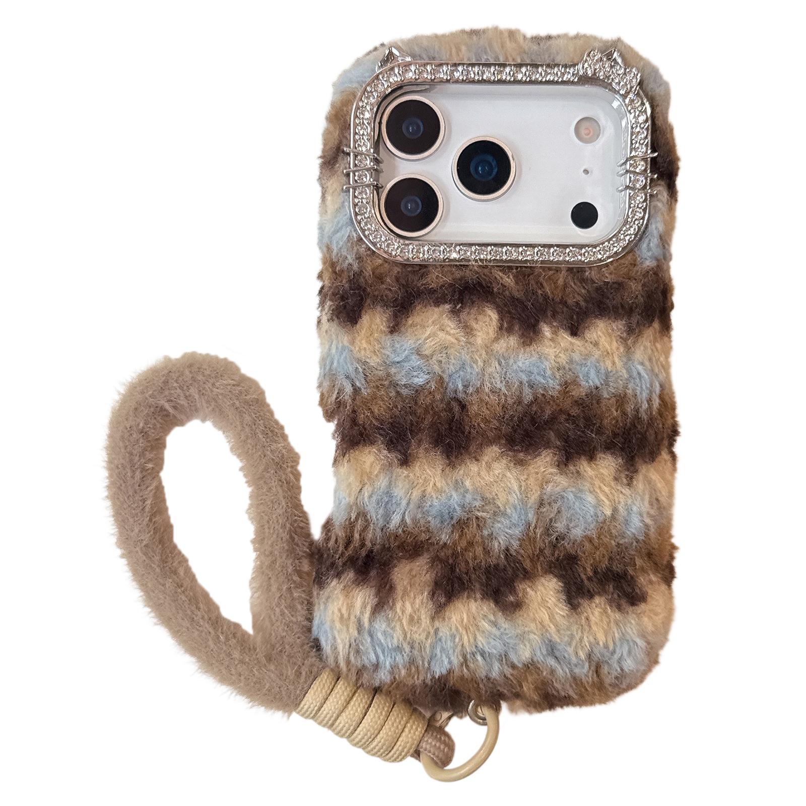 

For iPhone 17 Pro Max Case Rhinestone Frame Striped Plush TPU PC Phone Cover with Strap