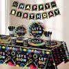 Let's Glow Birthday Party Tableware Set: Neon Disposable Plates, Cups, Napkins, Tablecloths, Banners, and Hanging Swirls