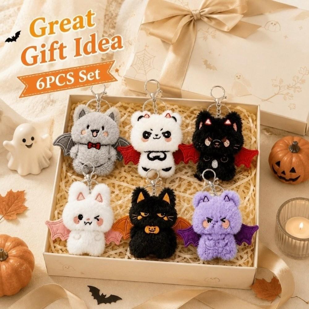 6pcs Cartoon Plush Bat Key Chain Kawaii Bag Charms Stuffed Animal Doll Car Keys Decoration