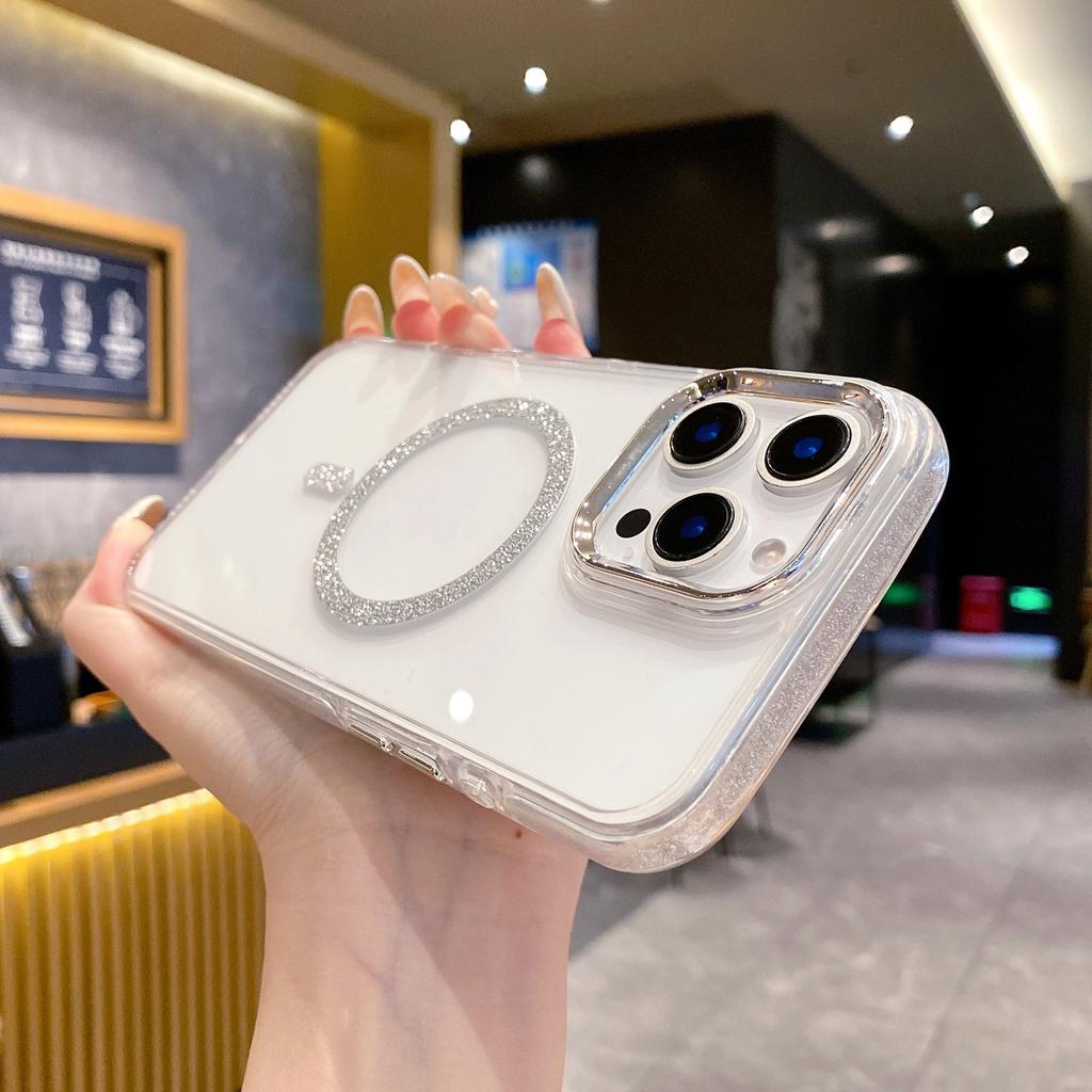 For iPhone 16 Pro Clear Case TPU + Acrylic Glitter Phone Cover Compatible with MagSafe
