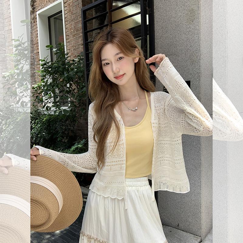 Versatile hook-up hollow long-sleeved knitted cardigan women's summer new sunscreen blouse shawl short