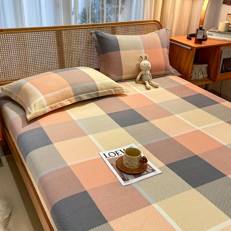 [Soft Bed Sheet] 1pc Soft Grid Cloud Pattern Printed Bed Sheet Set | 1 Fitted Sheet , Made with High-Quality Brushed Fabric, Suitable for Bedrooms