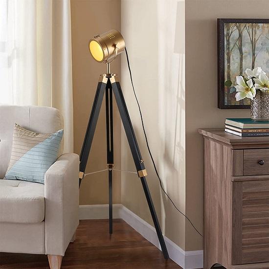 Tripod Metal Floor Lamp Swivel Head Ebony Tall Standing Spotlights for Bedroom