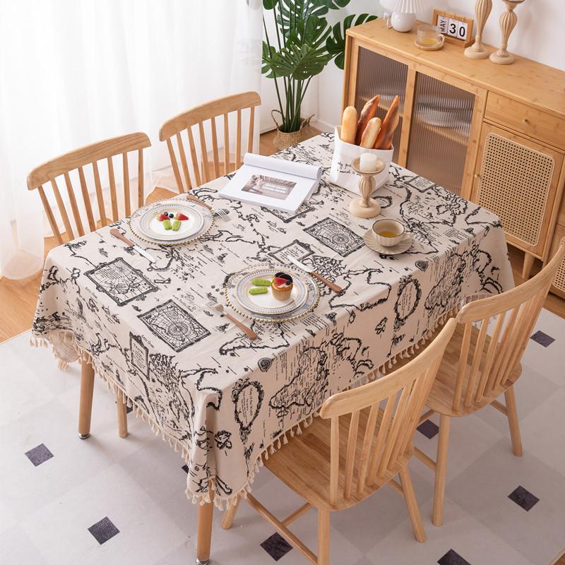 Tablecloth Polyester Cotton Printed Newspaper Map Tassel Household Rectangle Dining Table Cloth Coffee Table