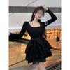 Black long-sleeved dress women's spring and autumn French high-end temperament princess tutu skirt waist small short skirt