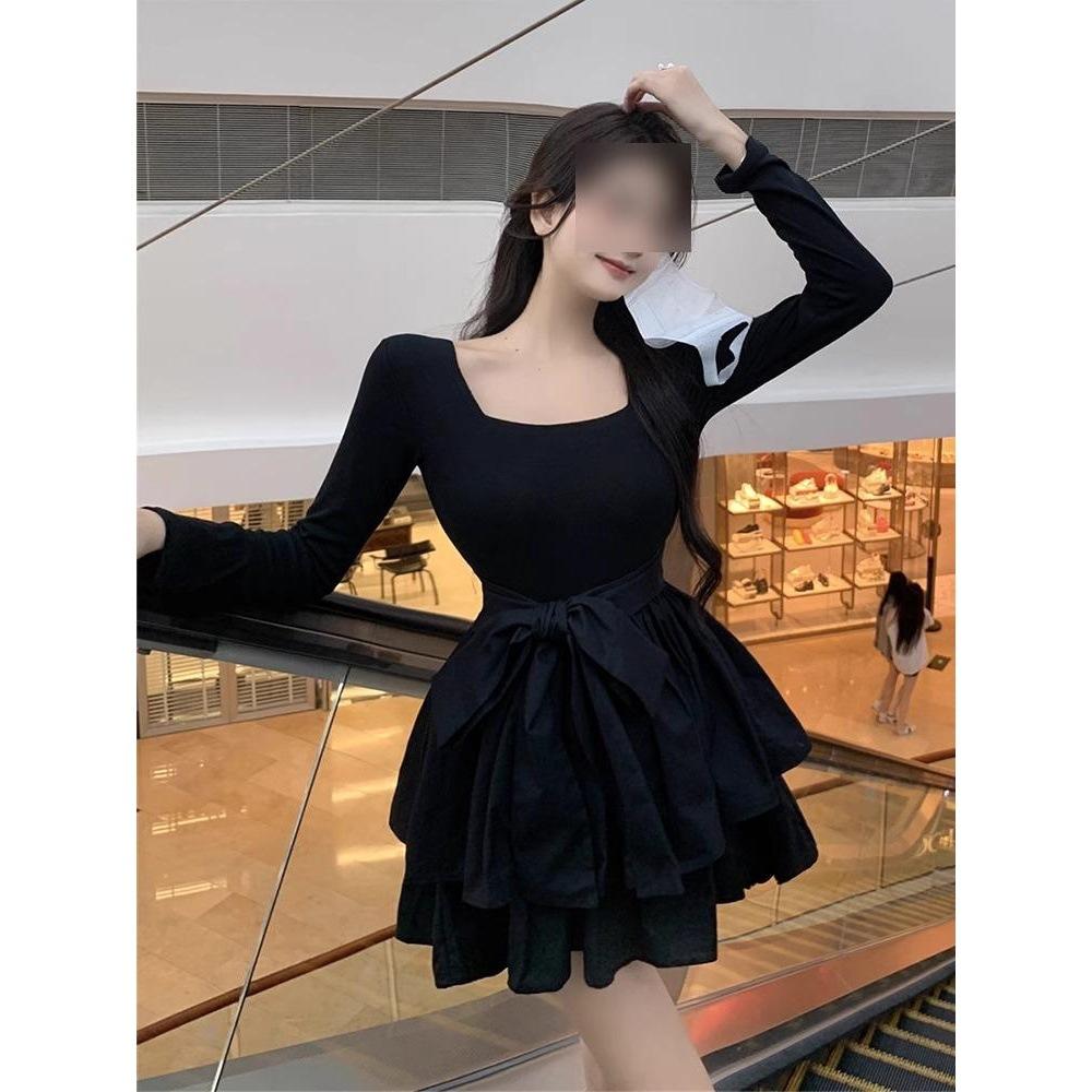 Black long-sleeved dress women's spring and autumn French high-end temperament princess tutu skirt waist small short skirt