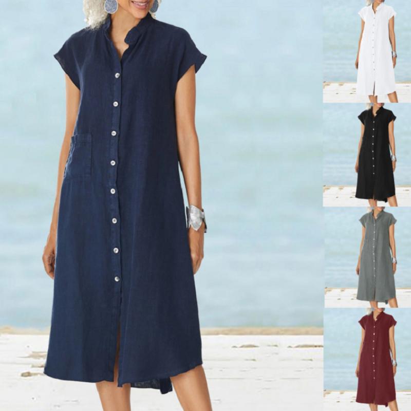 Women's Fashion Summer Spring Solid Color Print O-Neck High Waist Casual Dresses
