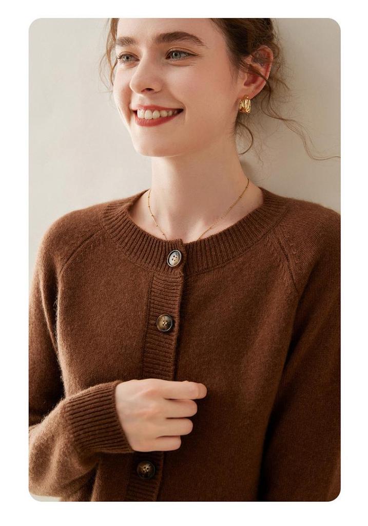 Women's Long Sleeve Korean Style Cashmere Cardigan - Thick Crew Neck, Loose Fit, Slimming Raglan Sweater