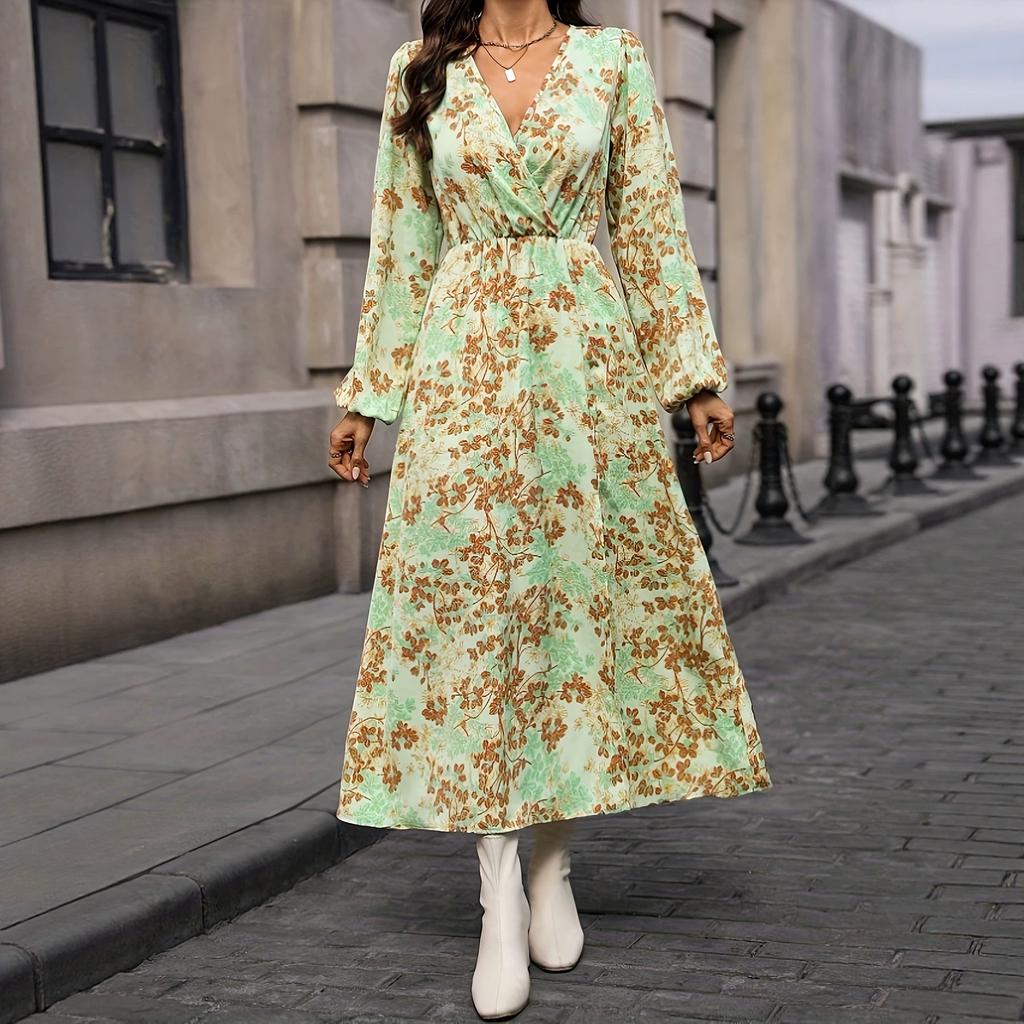 Autumn Floral Print Women's Dress V-Neck Waist Split Long Sleeve Skinny Medium and Long Skirt