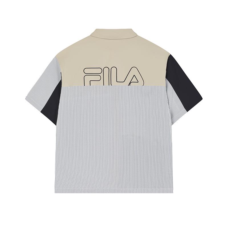 Fila Original Soft Comfortable Striped Letter Splicing Versatile Loose Short Sleeve Shirt Men Shirts Light-Khaki F11M529403F-DK