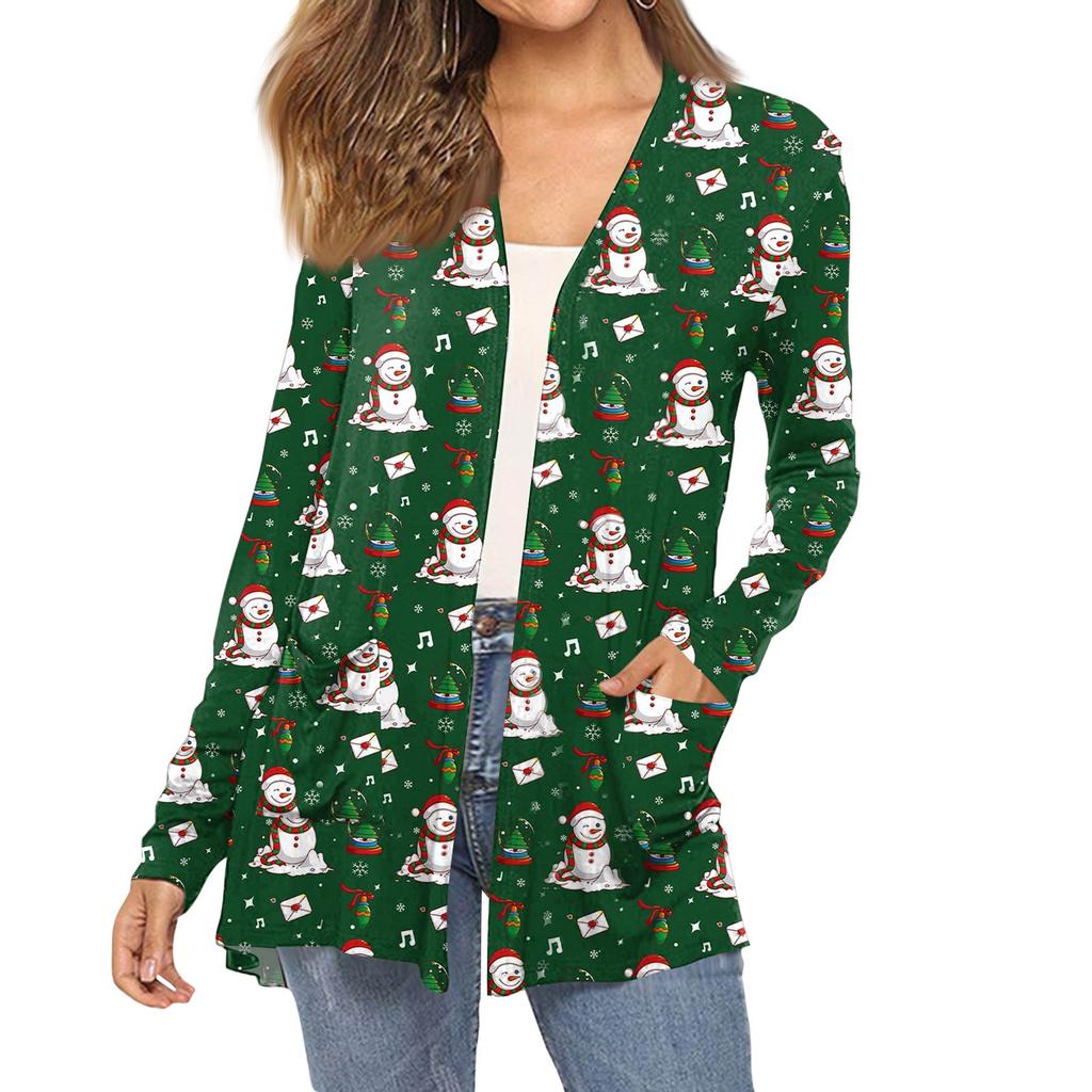 Women's Fashion Christmas Print Long-Sleeved Pocketed Slim-Fit Cardigan Coat