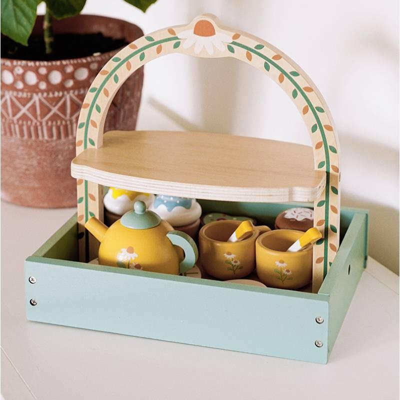 Childrens Pretend Play Tea Set With Wooden Dessert Shelf For Imaginative Kitchen Role Play