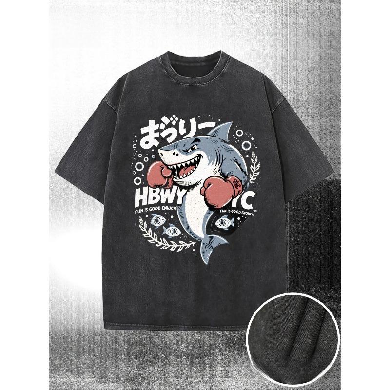 

European Size Washed Cotton T-Shirt with Great White Shark & Red Boxing Gloves - Japanese Streetwear Tee, Shark Graphic Print, Round Neck S чёрный