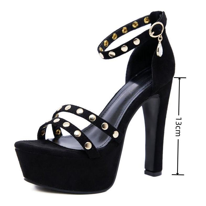 Summer New Versatile 13cm Ultra-high Heel Rivet One-word Buckle Thick Heel Waterproof Table Night Sandals Women