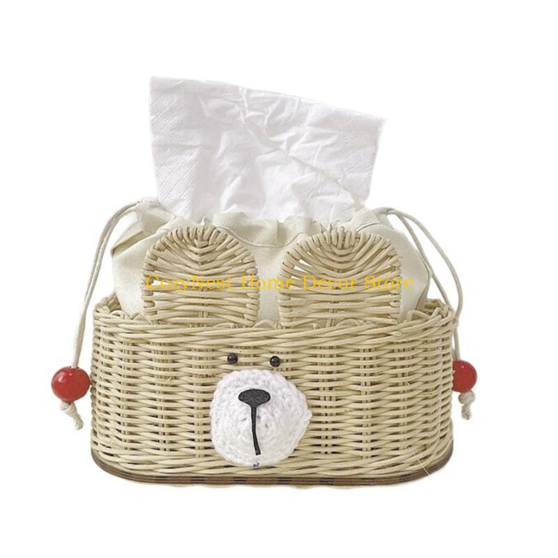 92MF Unique Cottage Tissue Holder Bear Design Crafted Rattan Kitchen Storage