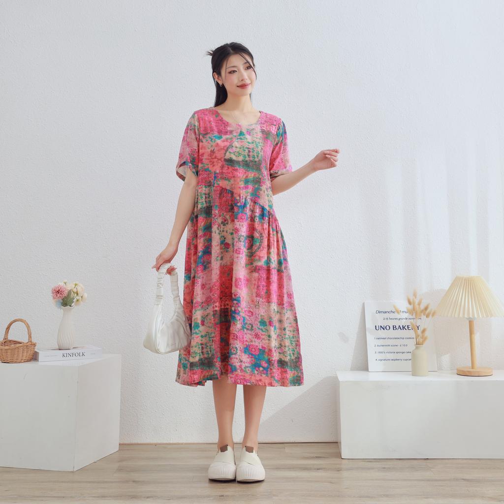 Dimanaf 2025 Women Plus Size Pink Summer Dress Casual Floral Dress Basic Vintage Loose Long Dress