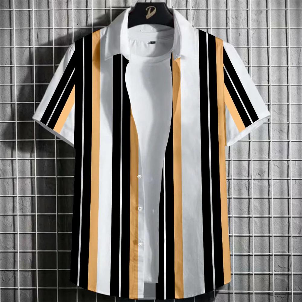 Spring Summer Men Clothes Short Sleeve Stripe Shirt 3D Digital Print Casual Tops