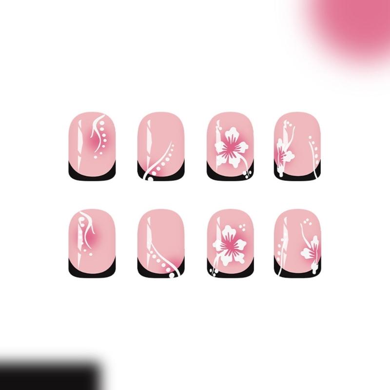 Elegant Black Red Flower Nail Art Stickers Plastic Press On Nails Quick Application 24pcs Daily Fingernails