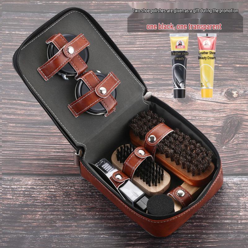 Portable 9-Piece Shoe Shine and Polishing Set: Includes Brushes, Black Shoe Polish, and Oiling Tools