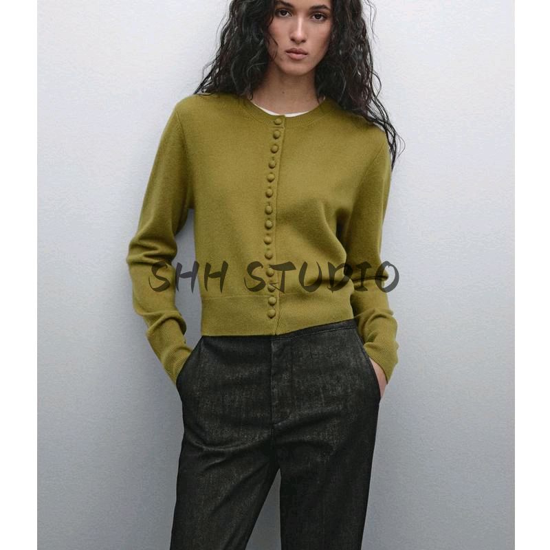 MD Spring New Women's Clothing French Simplicity Wind Round Neck Long Sleeves Wool Blend-Knitted Cardigan 5700637