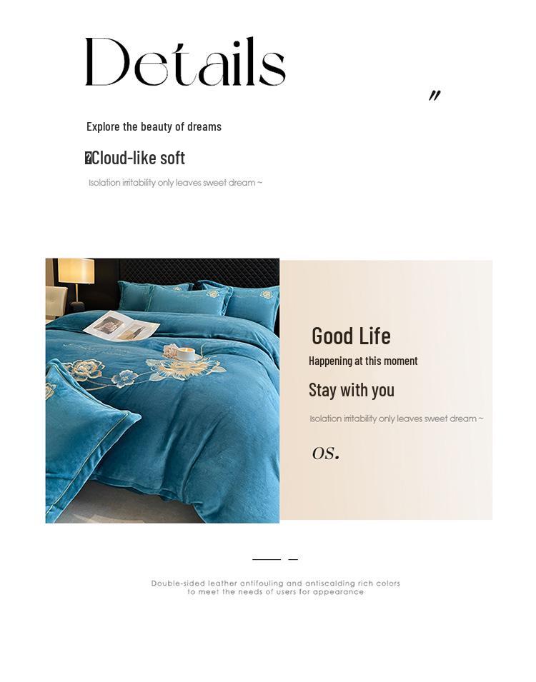 Winter Warm Milk Velvet Embroidered Four-Piece Anti-Static Double-Sided Fleece Bedding Set