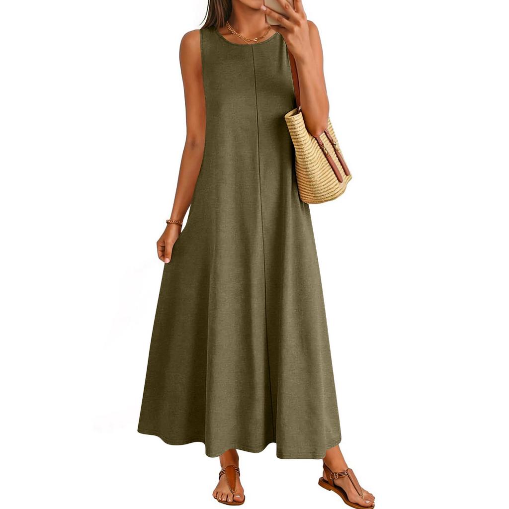 Damen ärmelloses Maxikleid lässig lockere Passform Rundhals elastisch Strandurlaub Basic langes Kleid