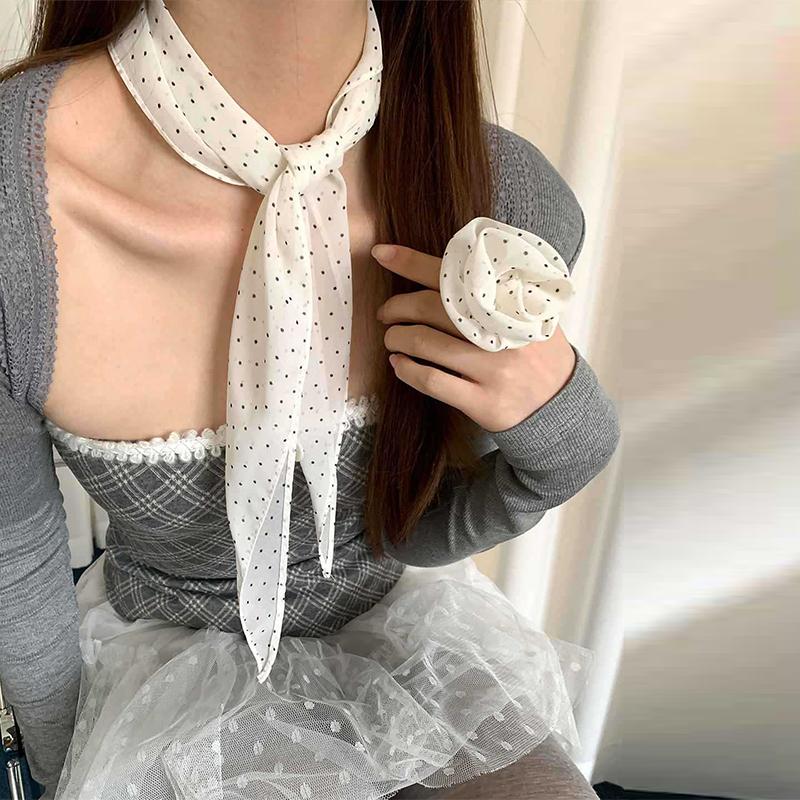 Wave Point Flower Silk Scarf Vintage Plaid Scarf Women's Spring New Collection Neck Strap Korean Small Scarf Decorative Muffler