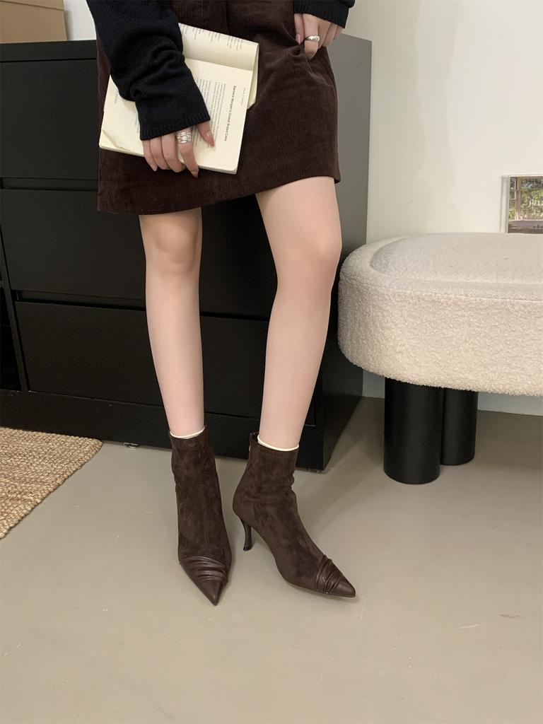 2025 New French Pointed Short Boots Women's Splicing Thin Boots Autumn and Winter Low Heel Internet Celebrity Thin Elastic Fashion Boots