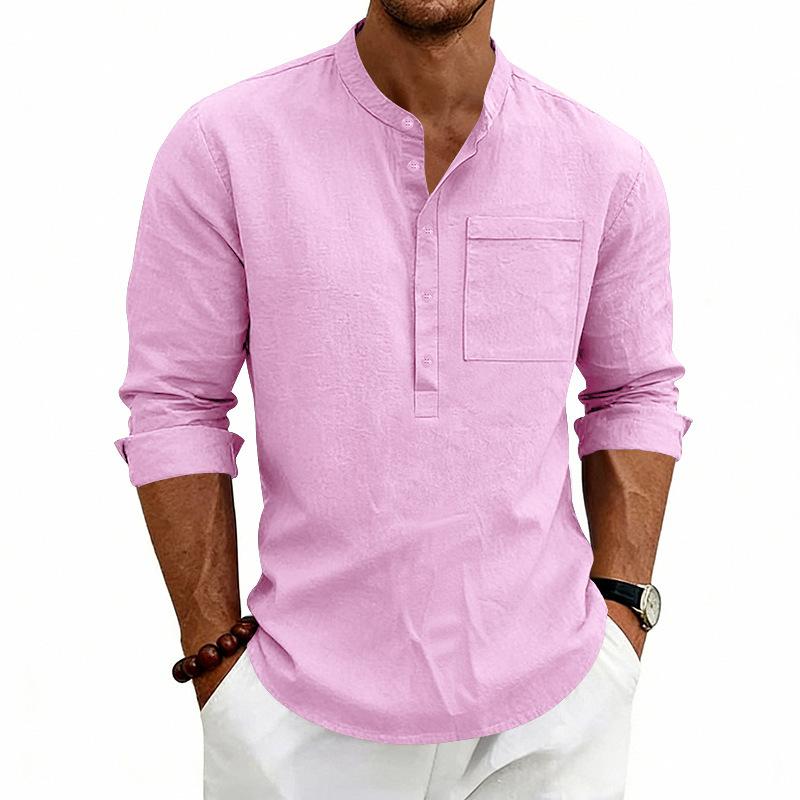 Linen T-Shirt Men Henley Neck Pocket Casual Beach Long Sleeve Solid Color Male Tops Vintage Streetwear TShirts