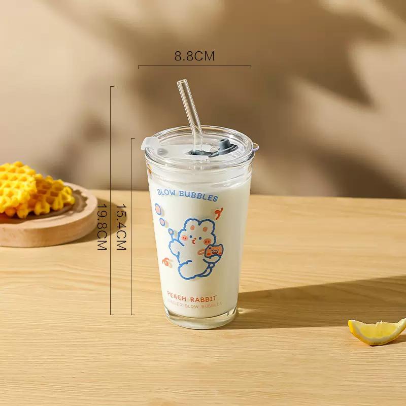 Roztomilá skleněná láhev na vodu s písmenem Korejská se slámkou a víčkem 480ml Jednoduché skleněné hrnky na kávu, mléko, džus, snídani na nápoje Dárek
