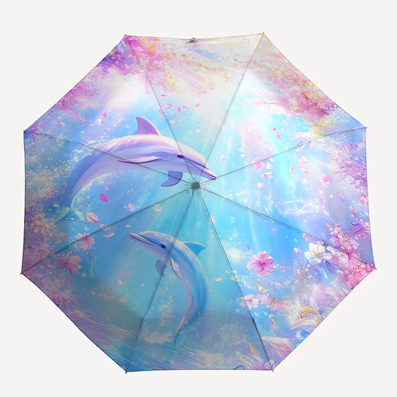 Dolphins, Floral Fantasy Themed Automatic Opening and Closing Umbrella, Compact Travel Umbrella, Lightweight and Portable, Suitable for Beac