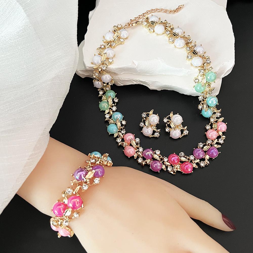 Collar, pendientes y pulsera de moda de color caramelo transfronterizos europeos y americanos, conjunto de joyería de boda con diamantes brillantes exquisitos, joyería de estilo de corte