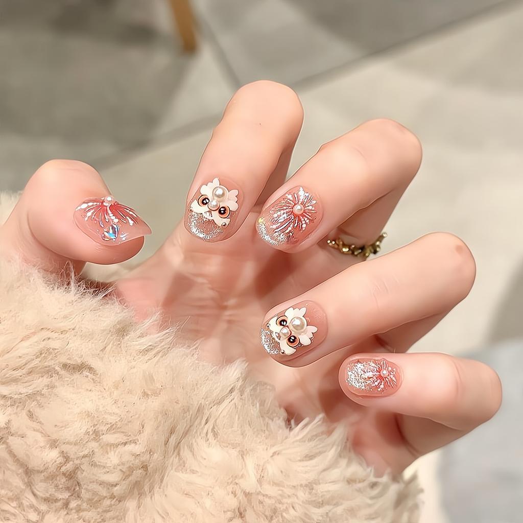 Press on Nails Artificial Acrylic Nails Glossy False Nails Full Cover Stick on Nails Square Fake Nails with Glitter Design Glue on Nails for Women