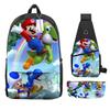 Animation Backpack, Super Mary Primary School Student Print Children'S Backpack Satchel Pencil Case Three-Piece Set
