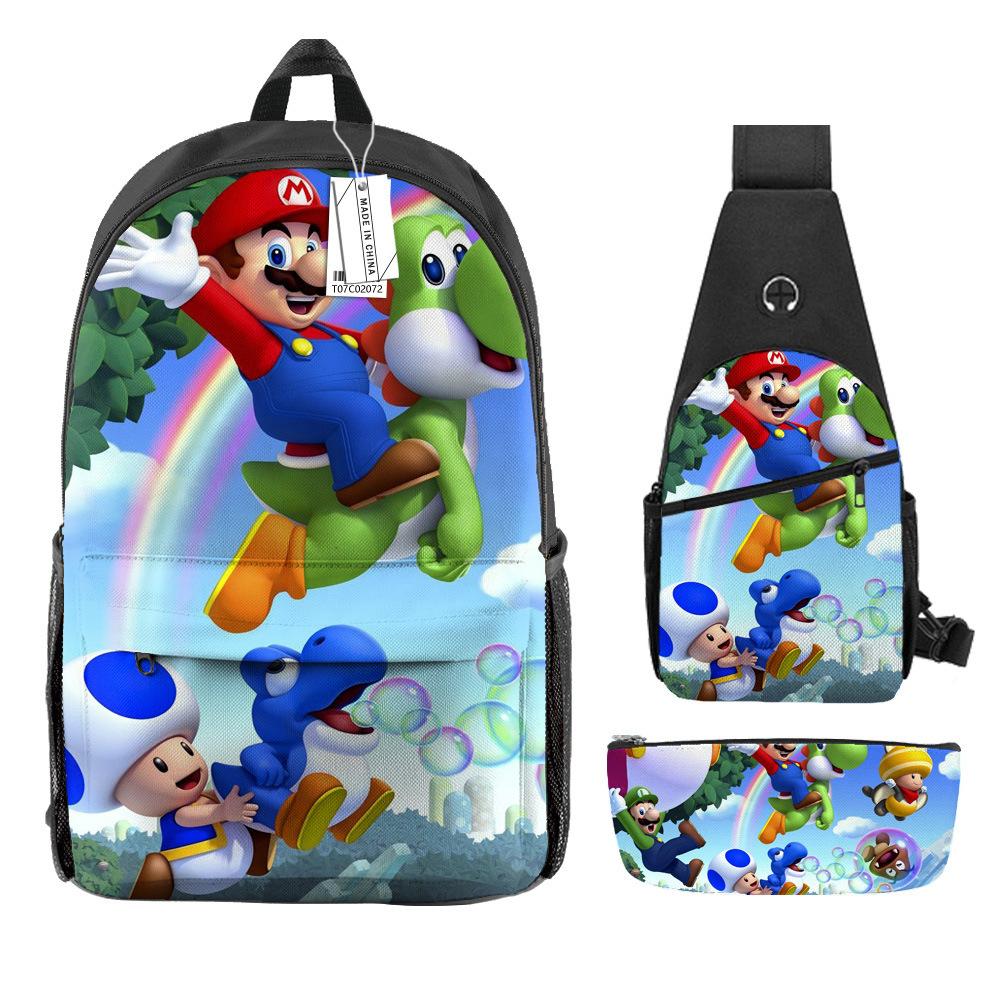 Animation Backpack, Super Mary Primary School Student Print Children'S Backpack Satchel Pencil Case Three-Piece Set