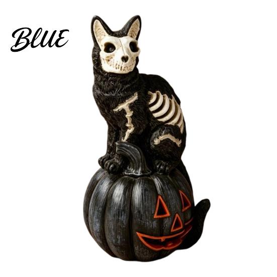 Halloween Spooky Atmosphere Decor Skull Black Cat Pumpkin Figurine Gothic Statue with Hollow Ribs Non-peeling Paint Ornament Decoration for Desktop