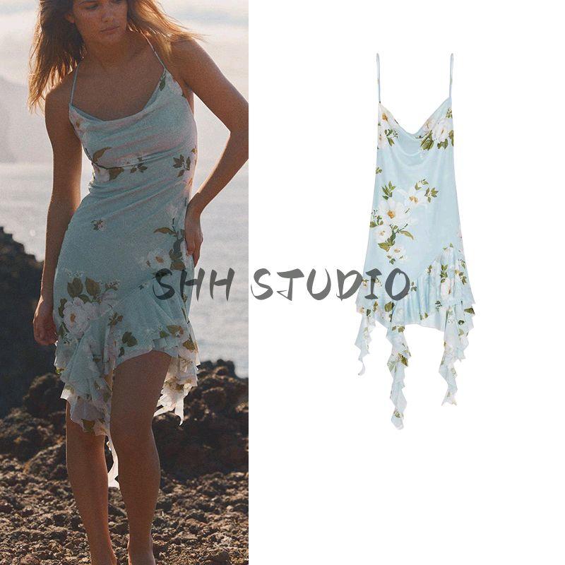 Spring and Summer New Women's Clothing French Style Vacation Style Print Silk Net Draped Collar Sling Short Dress 5039122