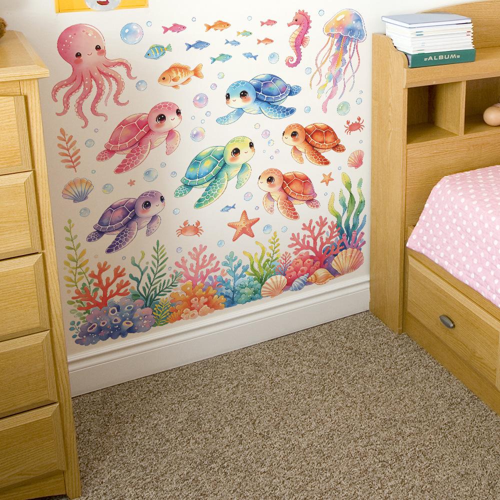 Watercolor Underwater World Turtle Coral Living Room Bathroom Toilet Home Decoration Wall Stickers