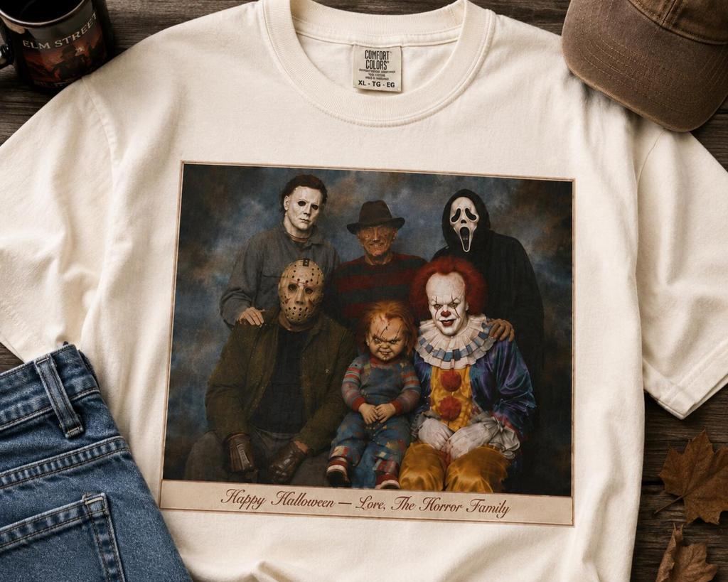 Gift for Retro Horror Movie Lover Spooky Season T-Shirt Vintage Halloween 90s Nostalgia Horror Movie Icon Family Portrait Holiday Season