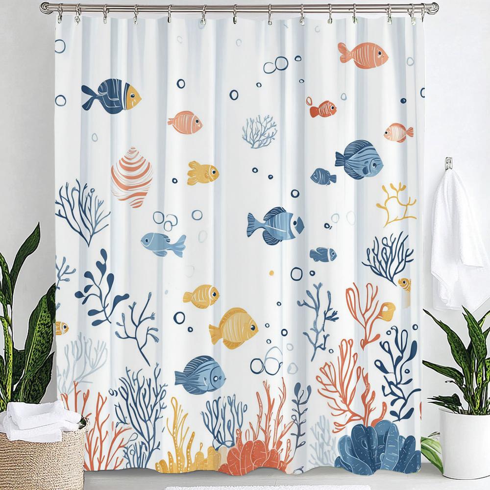 1pc Sea Turtle Print Waterproof Shower Curtain,Beach Coastal Ocean Turtle Starfish Partition Privacy Hanging Curtain with Hooks