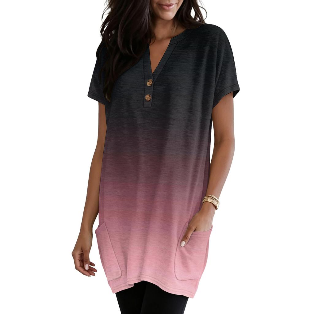 Women's V-Neck Gradient Print Short Sleeve Blouse with Pocket - Casual Pullover Top for Everyday Wear