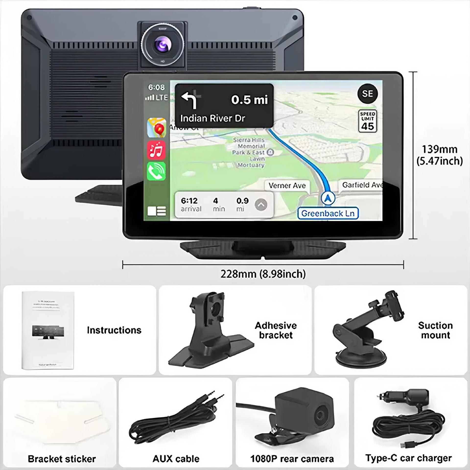 

4K Двойная видеокамера для автомобиля с навигацией и CarPlay Desktop + Suction Cup Mount