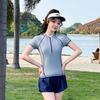 Womens Modest Two-Piece Swim Set With Short Sleeve Top Boxer-Style Bottoms Light Striped Design Swimming Fitness Running